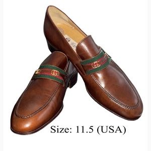 New Gucci Vintage Chocolate Brown Anil Leather GG Web Loafers Size 11.5 (USA)